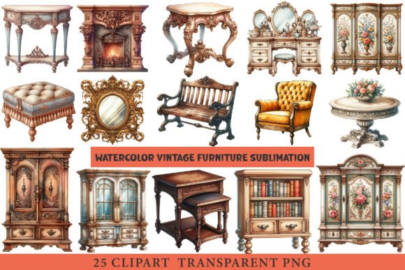 Download Vintage Furniture Watercolor Clipart - Premium Bundle